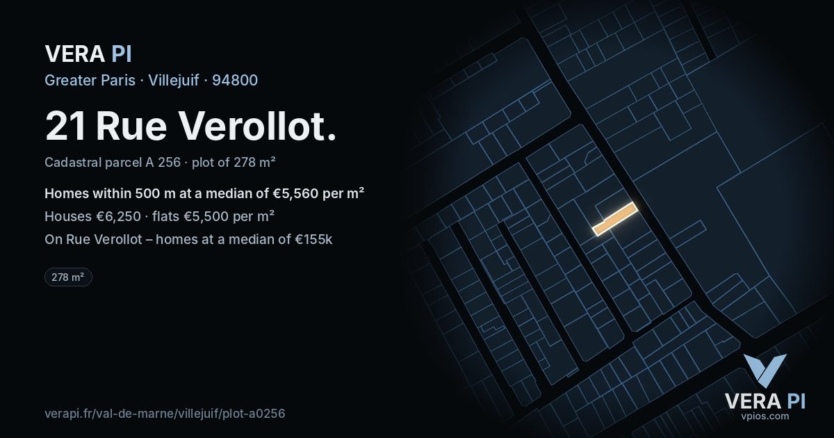 21 Rue Verollot, Villejuif at night – the plot lit, the parcels around coloured by the prices near them