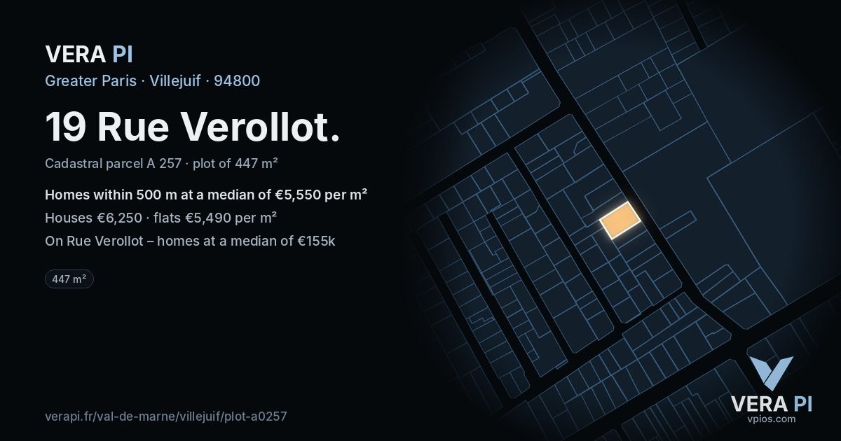 19 Rue Verollot, Villejuif at night – the plot lit, the parcels around coloured by the prices near them