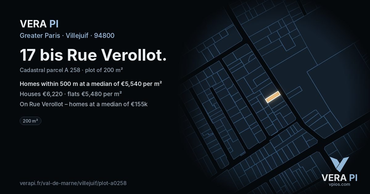 17 bis Rue Verollot, Villejuif at night – the plot lit, the parcels around coloured by the prices near them
