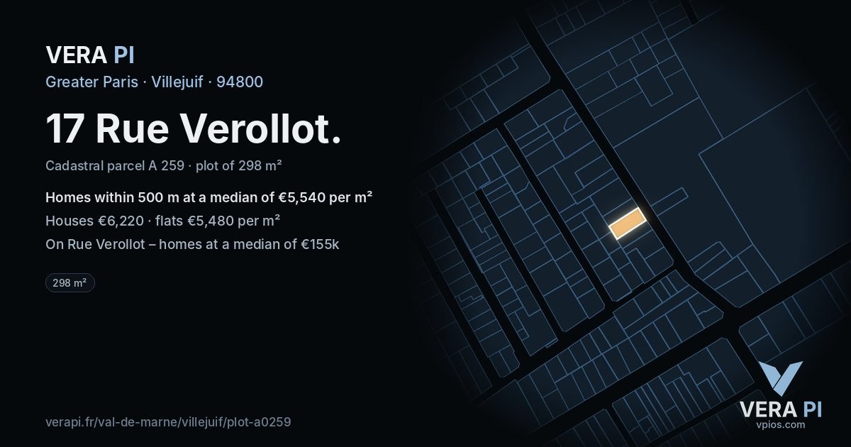 17 Rue Verollot, Villejuif at night – the plot lit, the parcels around coloured by the prices near them