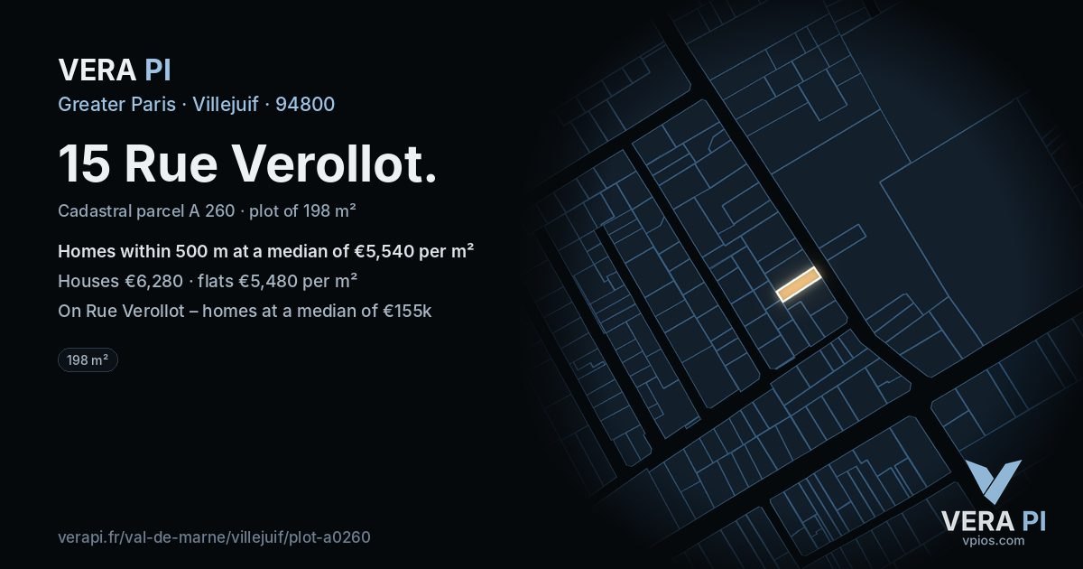 15 Rue Verollot, Villejuif at night – the plot lit, the parcels around coloured by the prices near them