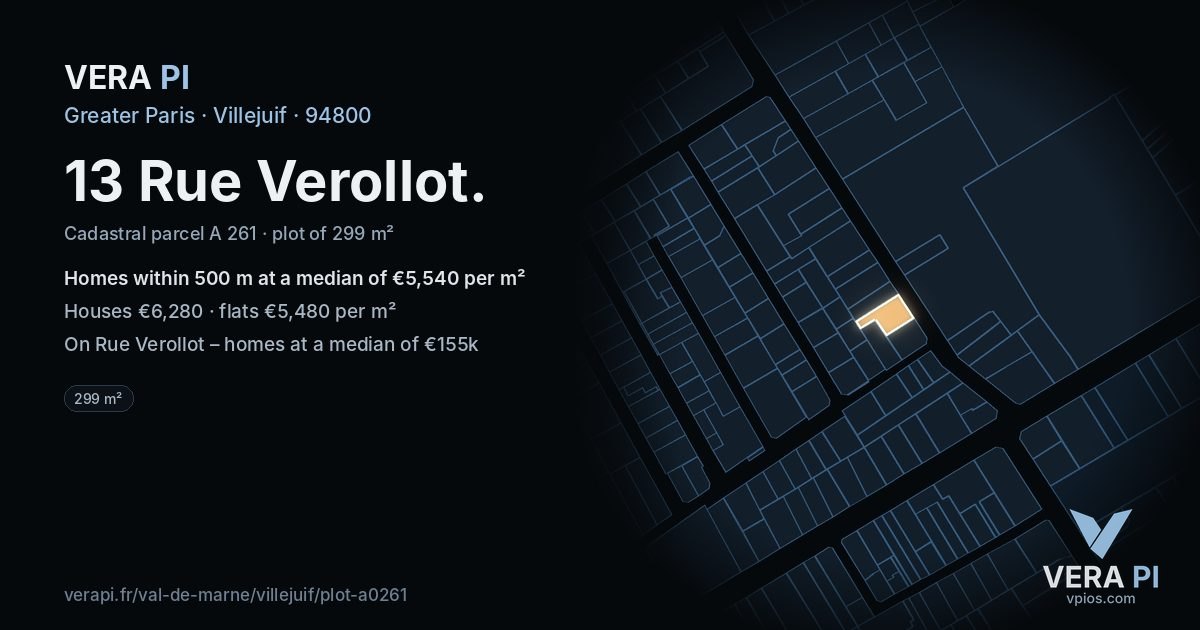 13 Rue Verollot, Villejuif at night – the plot lit, the parcels around coloured by the prices near them