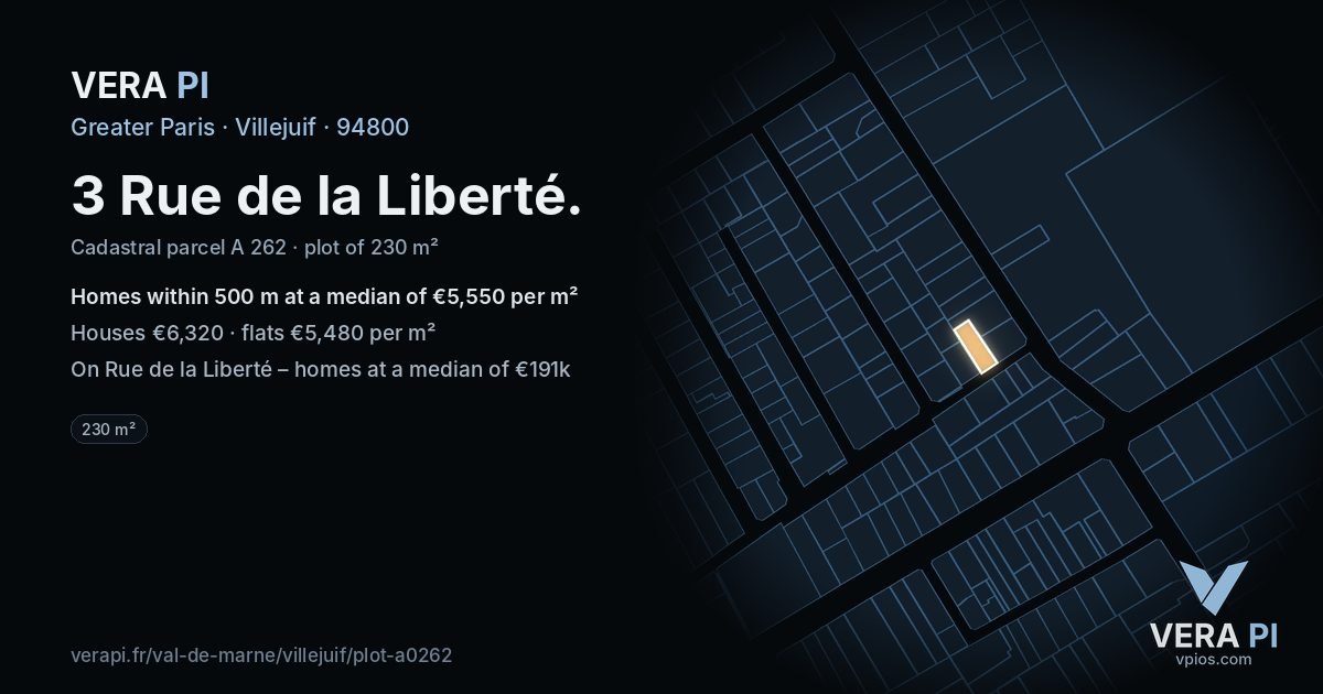 3 Rue de la Liberté, Villejuif at night – the plot lit, the parcels around coloured by the prices near them