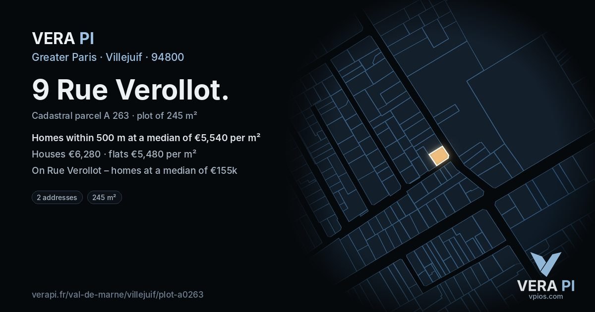 9 Rue Verollot, Villejuif at night – the plot lit, the parcels around coloured by the prices near them