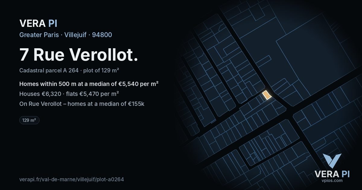 7 Rue Verollot, Villejuif at night – the plot lit, the parcels around coloured by the prices near them