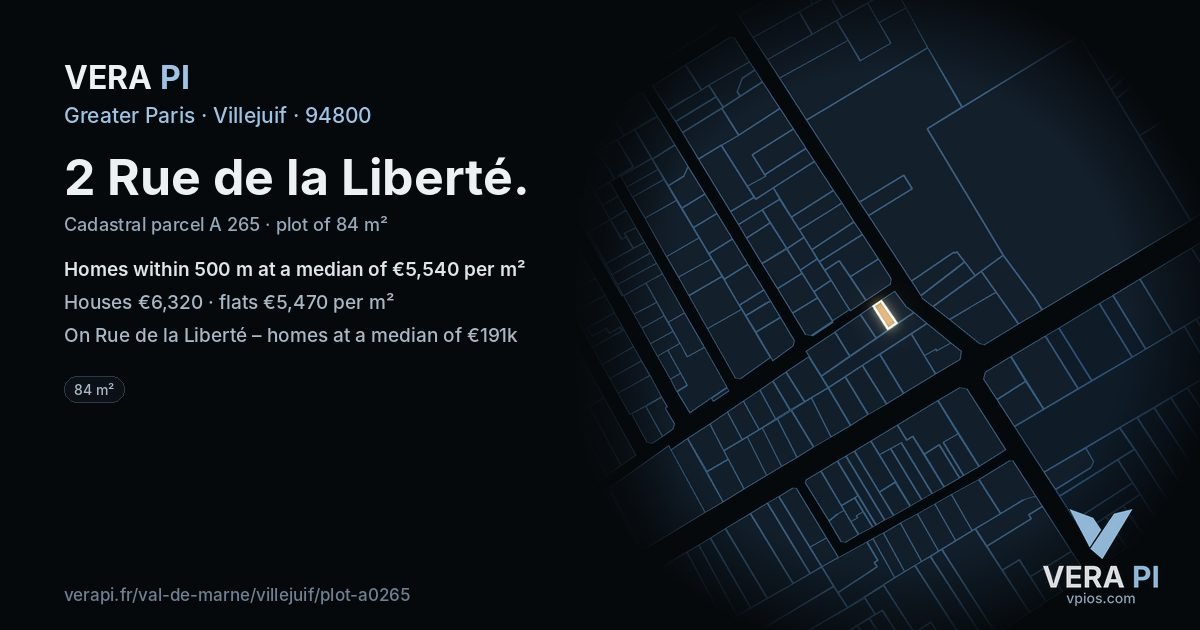 2 Rue de la Liberté, Villejuif at night – the plot lit, the parcels around coloured by the prices near them