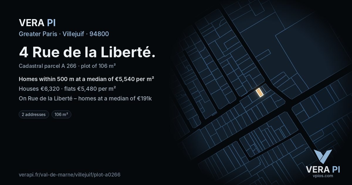 4 Rue de la Liberté, Villejuif at night – the plot lit, the parcels around coloured by the prices near them