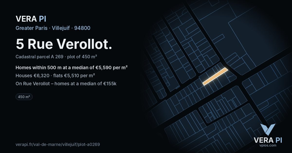 5 Rue Verollot, Villejuif at night – the plot lit, the parcels around coloured by the prices near them