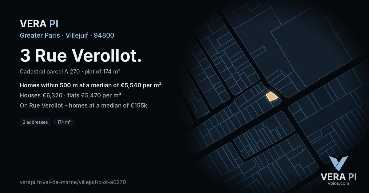 3 Rue Verollot, Villejuif at night – the plot lit, the parcels around coloured by the prices near them