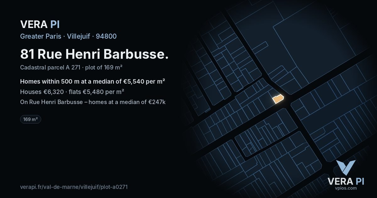 81 Rue Henri Barbusse, Villejuif at night – the plot lit, the parcels around coloured by the prices near them