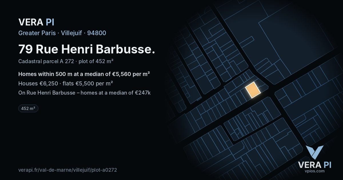 79 Rue Henri Barbusse, Villejuif at night – the plot lit, the parcels around coloured by the prices near them