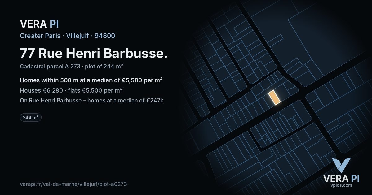 77 Rue Henri Barbusse, Villejuif at night – the plot lit, the parcels around coloured by the prices near them