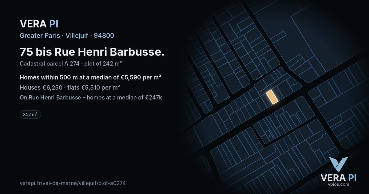 75 bis Rue Henri Barbusse, Villejuif at night – the plot lit, the parcels around coloured by the prices near them