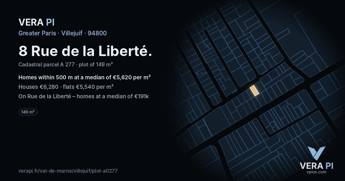 8 Rue de la Liberté, Villejuif at night – the plot lit, the parcels around coloured by the prices near them