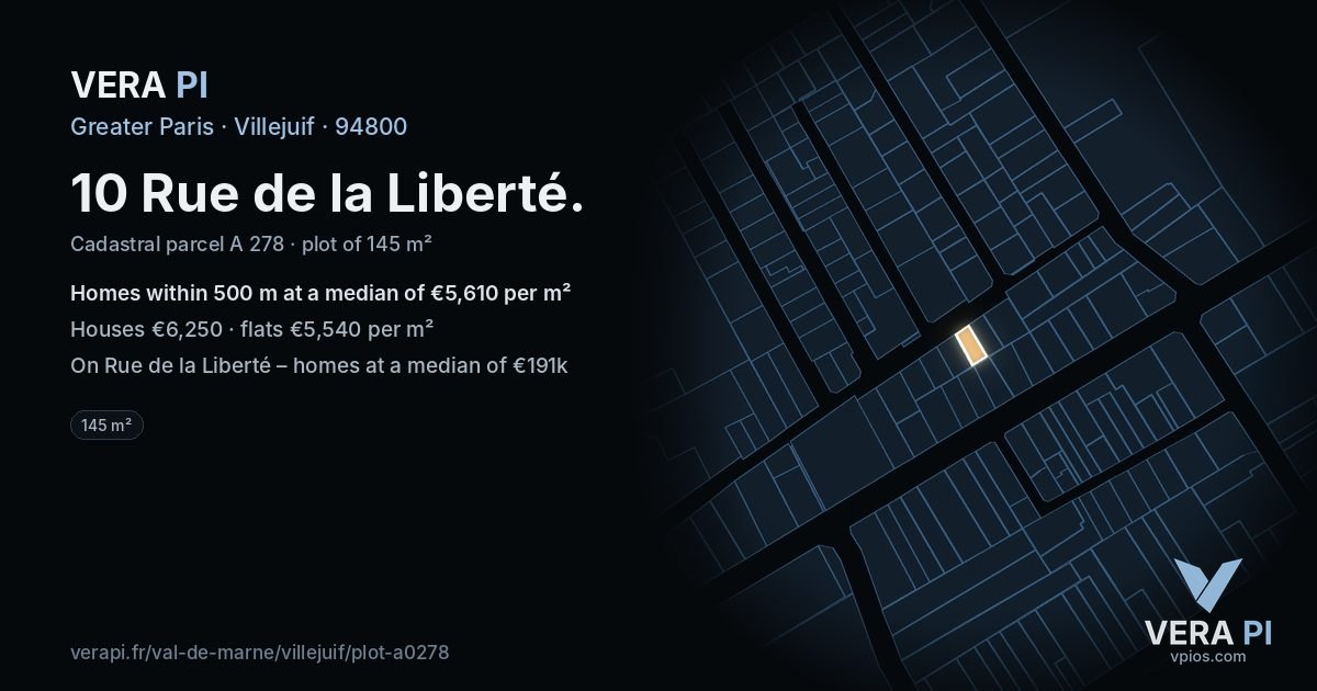 10 Rue de la Liberté, Villejuif at night – the plot lit, the parcels around coloured by the prices near them