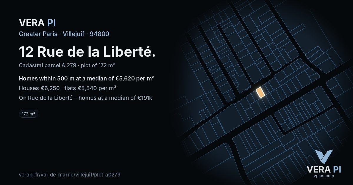 12 Rue de la Liberté, Villejuif at night – the plot lit, the parcels around coloured by the prices near them