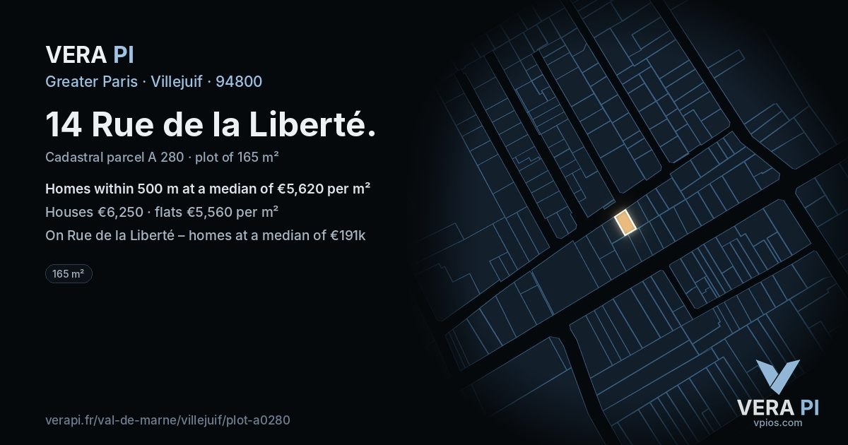 14 Rue de la Liberté, Villejuif at night – the plot lit, the parcels around coloured by the prices near them