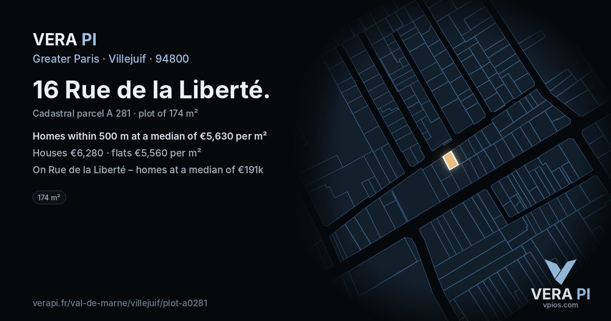 16 Rue de la Liberté, Villejuif at night – the plot lit, the parcels around coloured by the prices near them