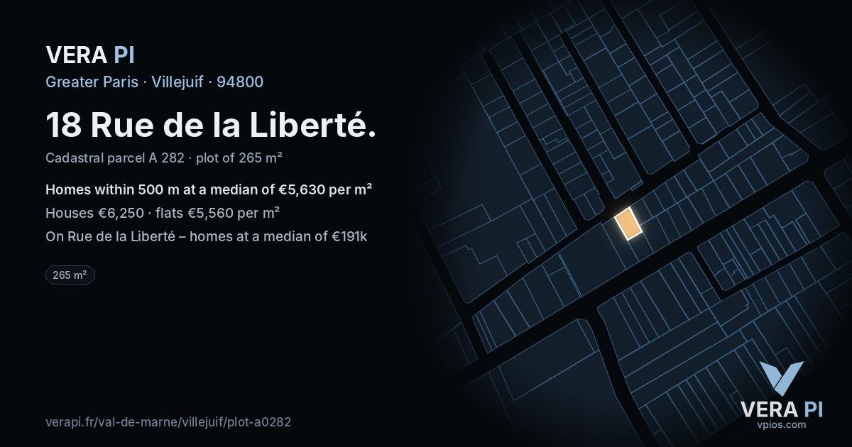 18 Rue de la Liberté, Villejuif at night – the plot lit, the parcels around coloured by the prices near them
