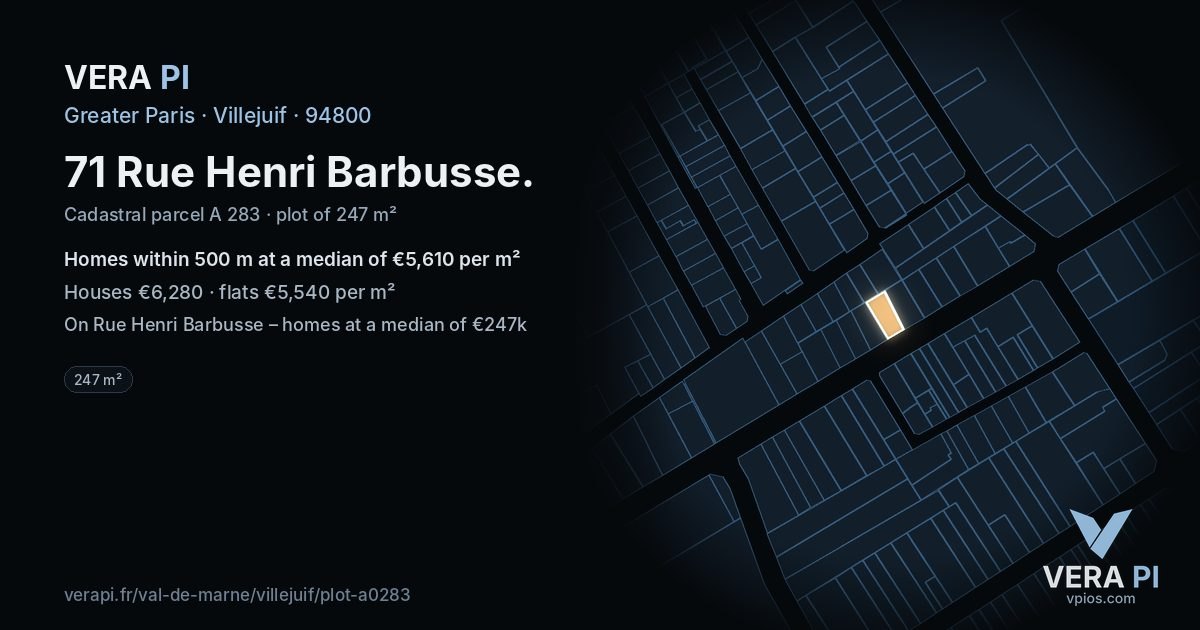 71 Rue Henri Barbusse, Villejuif at night – the plot lit, the parcels around coloured by the prices near them