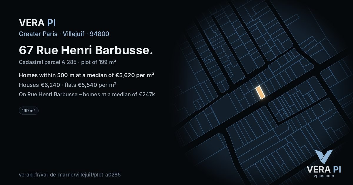67 Rue Henri Barbusse, Villejuif at night – the plot lit, the parcels around coloured by the prices near them