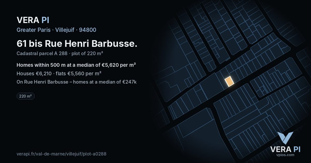 61 bis Rue Henri Barbusse, Villejuif at night – the plot lit, the parcels around coloured by the prices near them