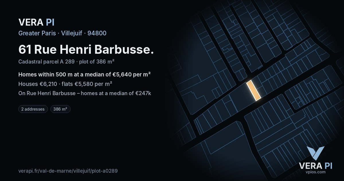 61 Rue Henri Barbusse, Villejuif at night – the plot lit, the parcels around coloured by the prices near them