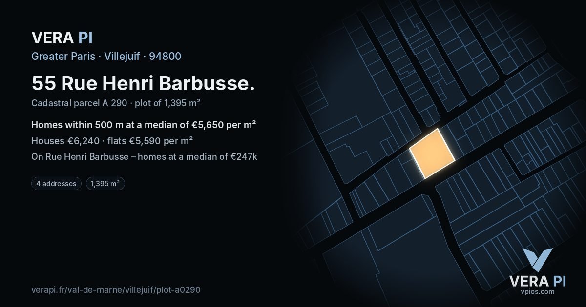 55 Rue Henri Barbusse, Villejuif at night – the plot lit, the parcels around coloured by the prices near them
