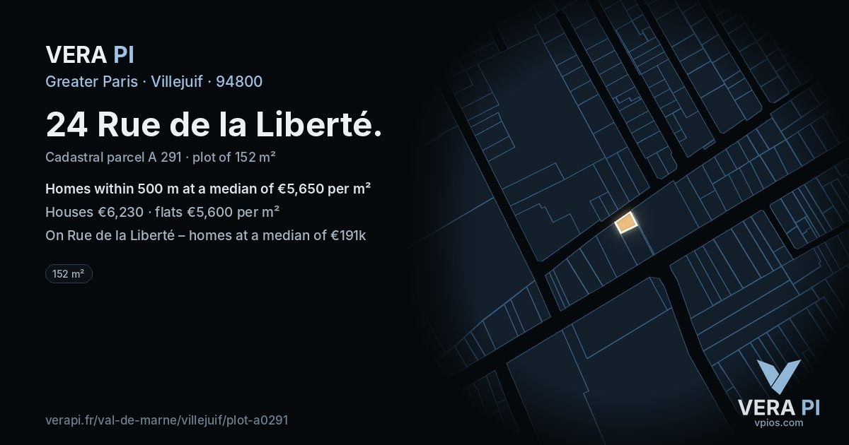 24 Rue de la Liberté, Villejuif at night – the plot lit, the parcels around coloured by the prices near them