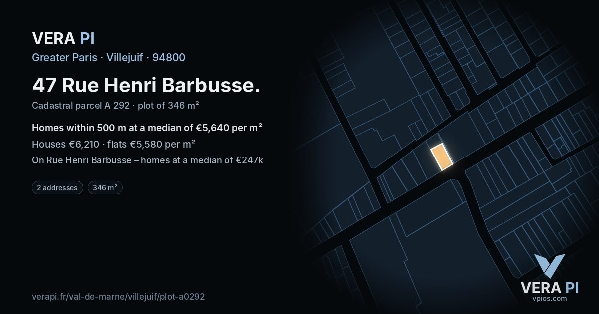 47 Rue Henri Barbusse, Villejuif at night – the plot lit, the parcels around coloured by the prices near them