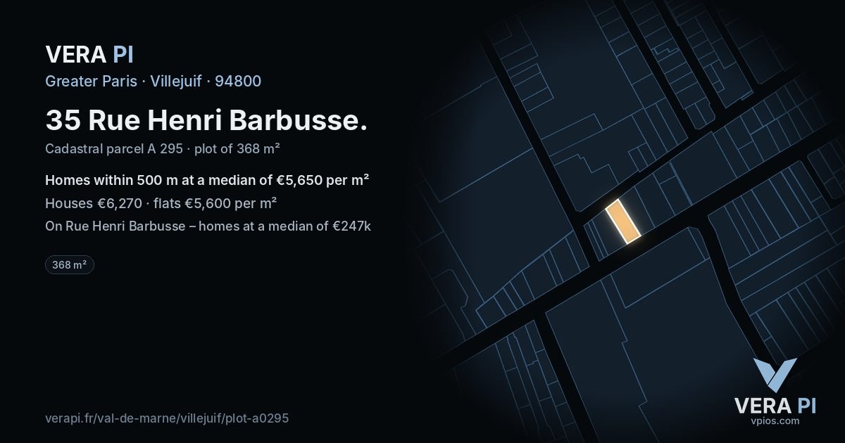 35 Rue Henri Barbusse, Villejuif at night – the plot lit, the parcels around coloured by the prices near them