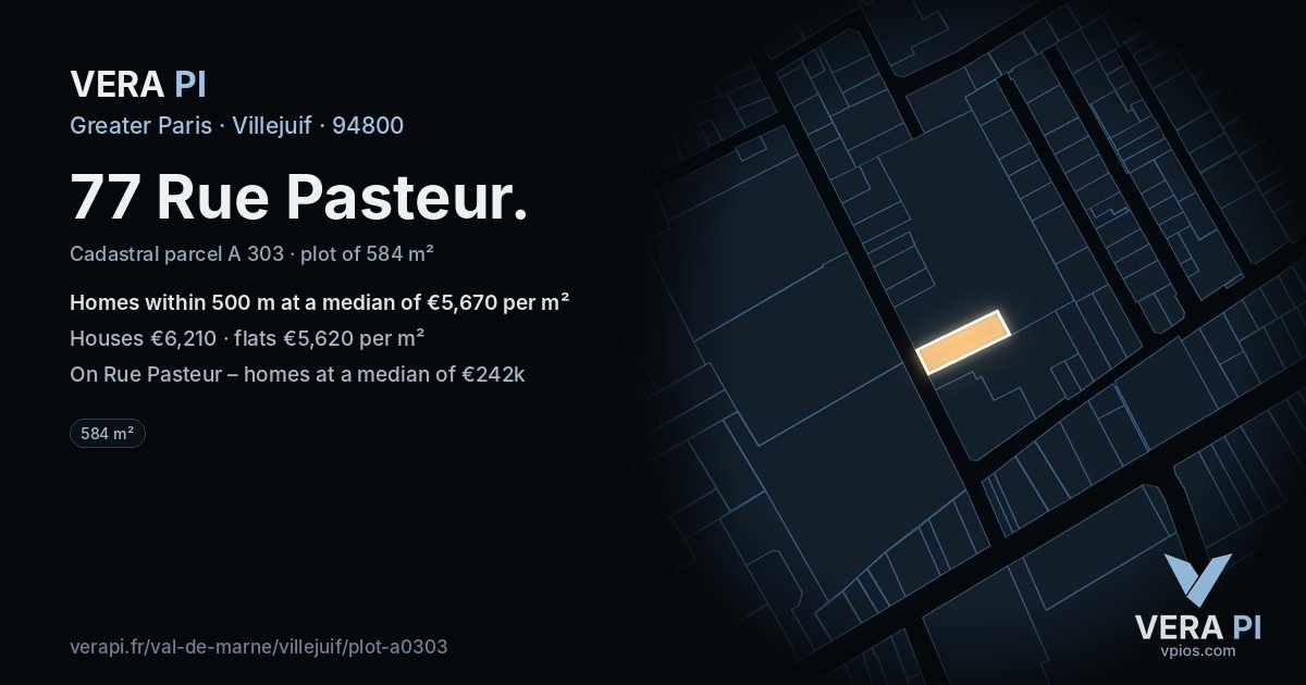 77 Rue Pasteur, Villejuif at night – the plot lit, the parcels around coloured by the prices near them