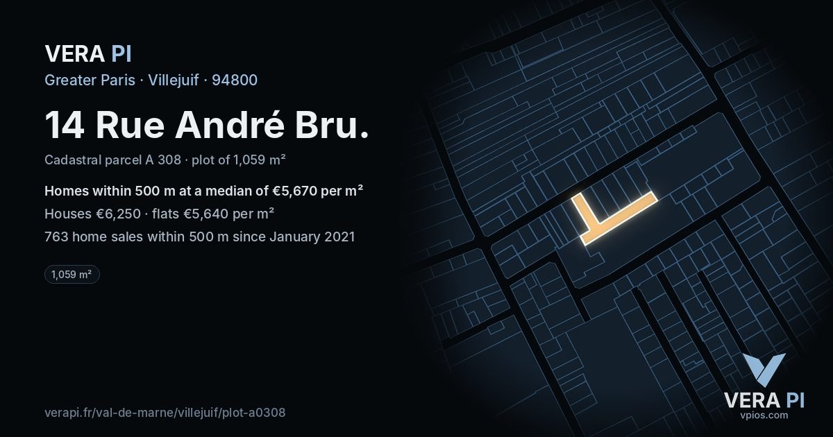 14 Rue André Bru, Villejuif at night – the plot lit, the parcels around coloured by the prices near them