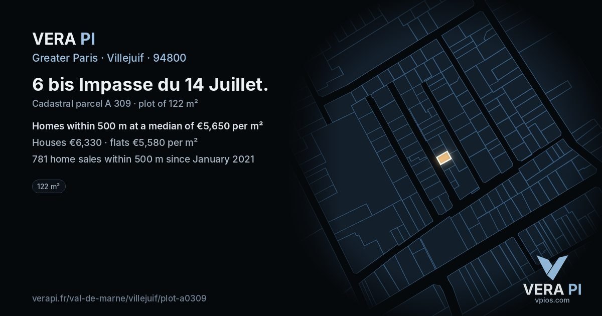 6 bis Impasse du 14 Juillet, Villejuif at night – the plot lit, the parcels around coloured by the prices near them