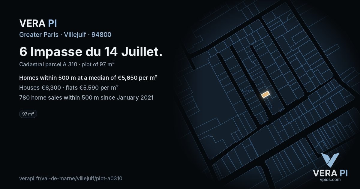 6 Impasse du 14 Juillet, Villejuif at night – the plot lit, the parcels around coloured by the prices near them