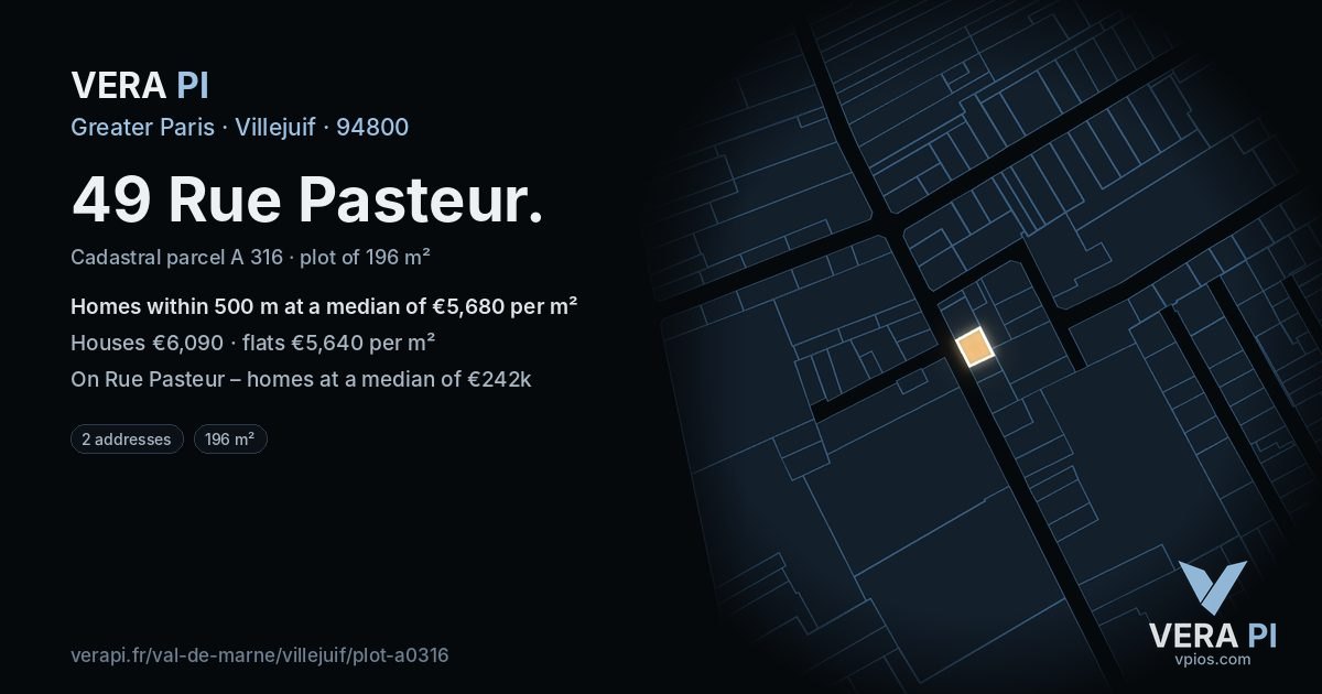 49 Rue Pasteur, Villejuif at night – the plot lit, the parcels around coloured by the prices near them