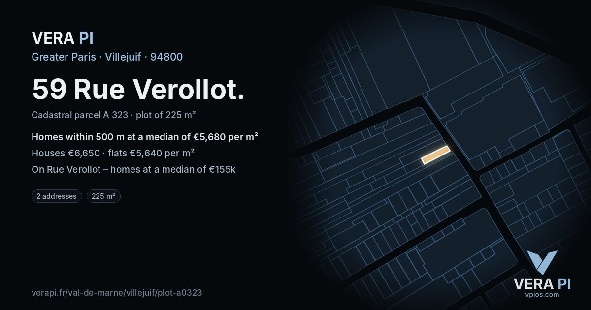 59 Rue Verollot, Villejuif at night – the plot lit, the parcels around coloured by the prices near them