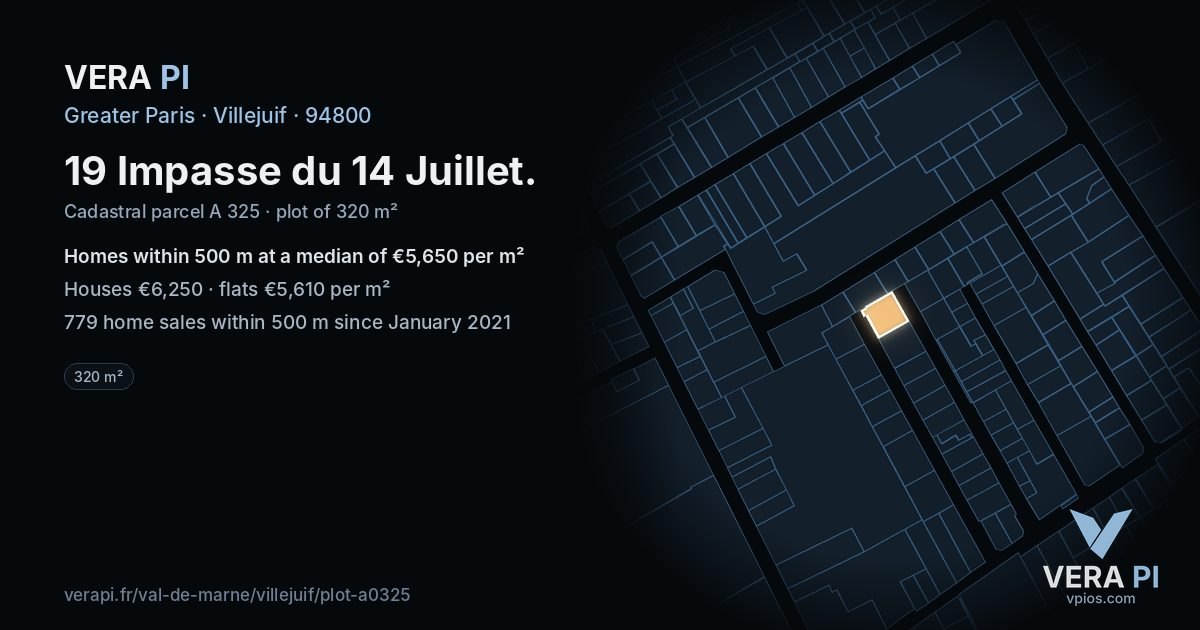 19 Impasse du 14 Juillet, Villejuif at night – the plot lit, the parcels around coloured by the prices near them