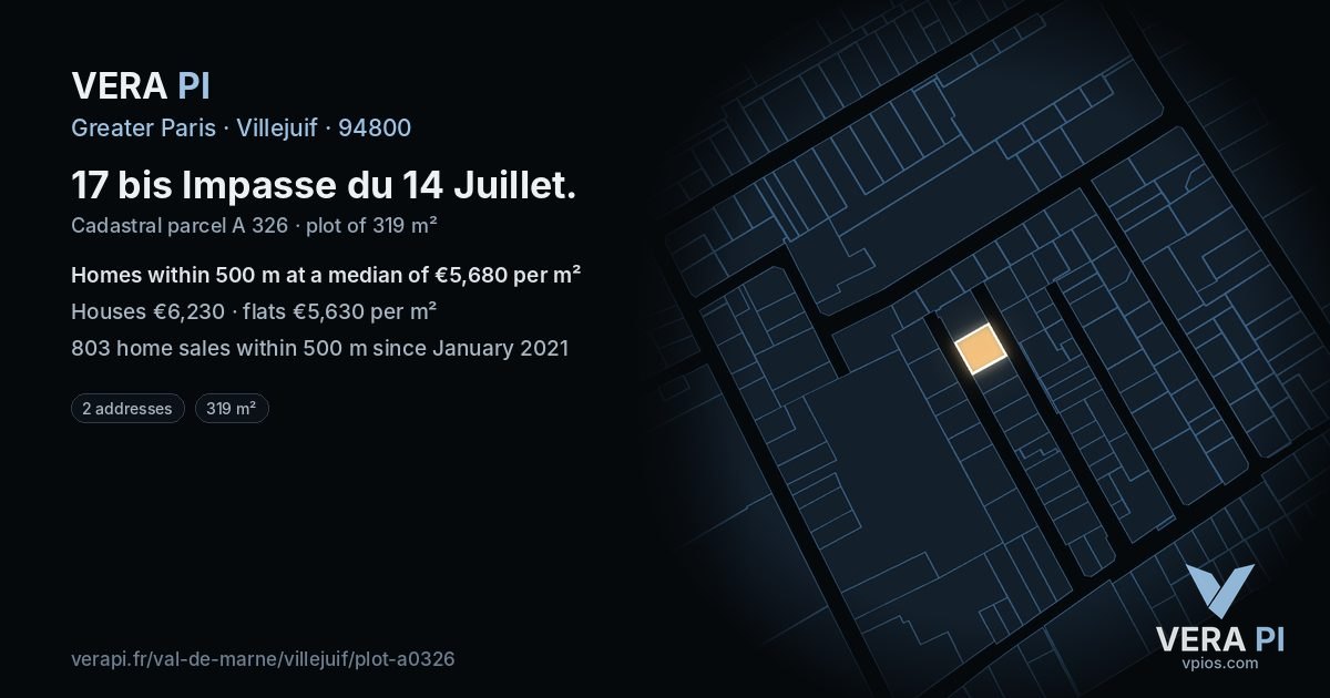 17 bis Impasse du 14 Juillet, Villejuif at night – the plot lit, the parcels around coloured by the prices near them