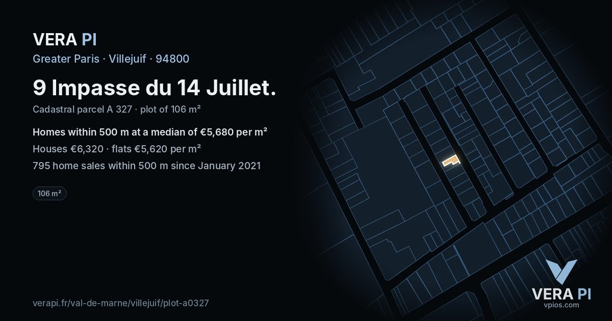 9 Impasse du 14 Juillet, Villejuif at night – the plot lit, the parcels around coloured by the prices near them
