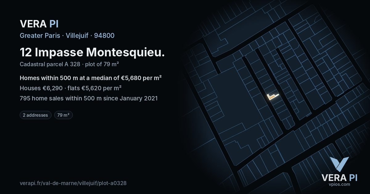 12 Impasse Montesquieu, Villejuif at night – the plot lit, the parcels around coloured by the prices near them
