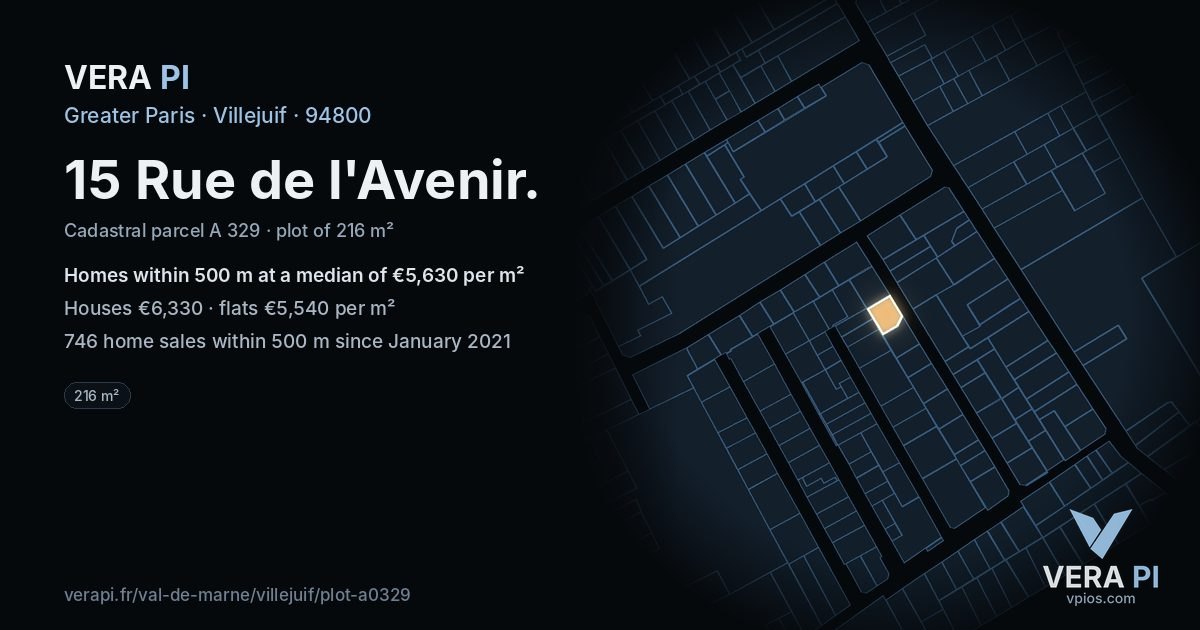 15 Rue de l'Avenir, Villejuif at night – the plot lit, the parcels around coloured by the prices near them