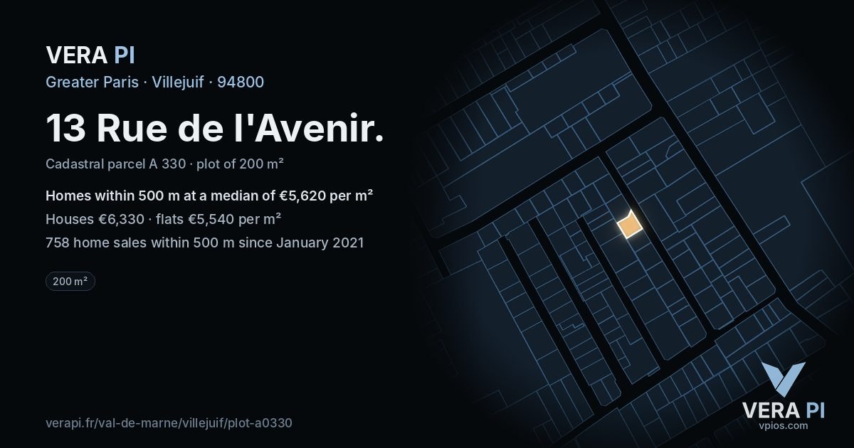 13 Rue de l'Avenir, Villejuif at night – the plot lit, the parcels around coloured by the prices near them