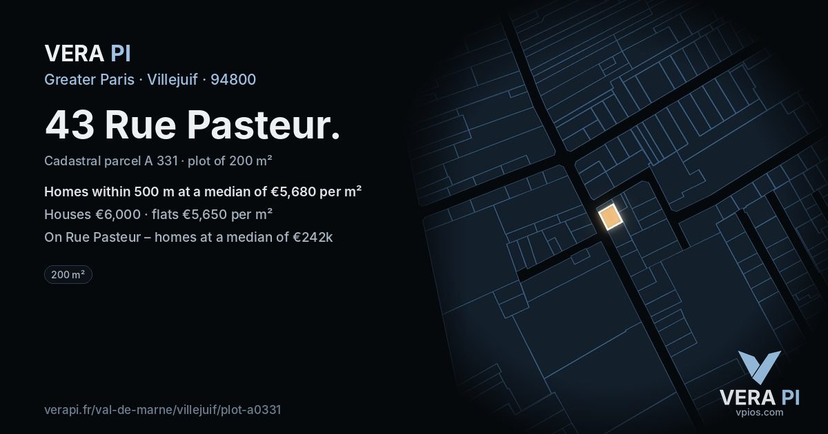 43 Rue Pasteur, Villejuif at night – the plot lit, the parcels around coloured by the prices near them