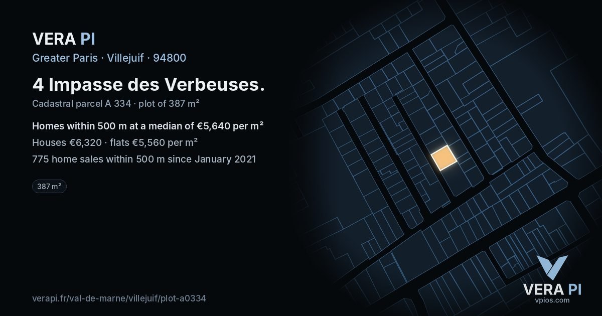 4 Impasse des Verbeuses, Villejuif at night – the plot lit, the parcels around coloured by the prices near them