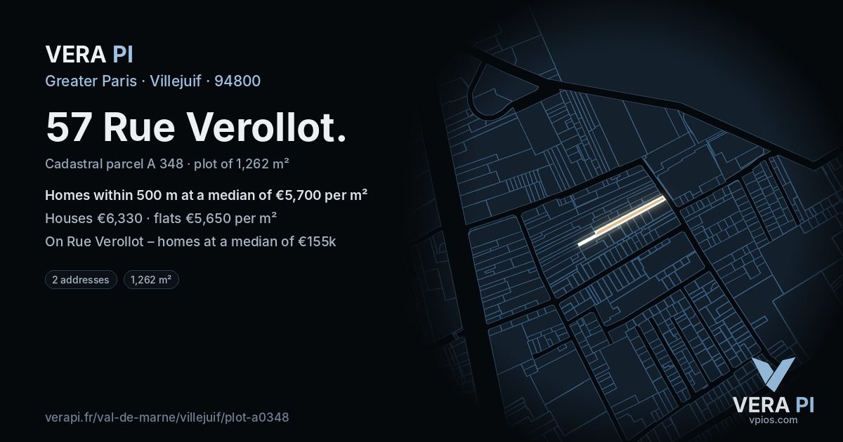 57 Rue Verollot, Villejuif at night – the plot lit, the parcels around coloured by the prices near them