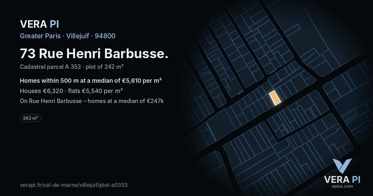 73 Rue Henri Barbusse, Villejuif at night – the plot lit, the parcels around coloured by the prices near them