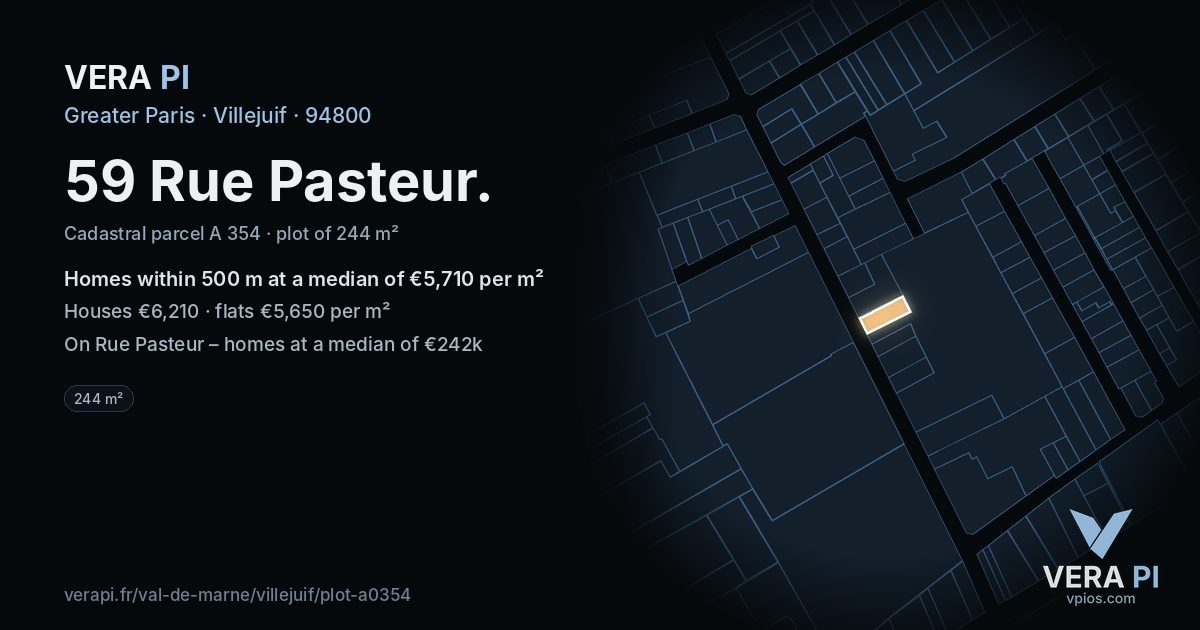 59 Rue Pasteur, Villejuif at night – the plot lit, the parcels around coloured by the prices near them
