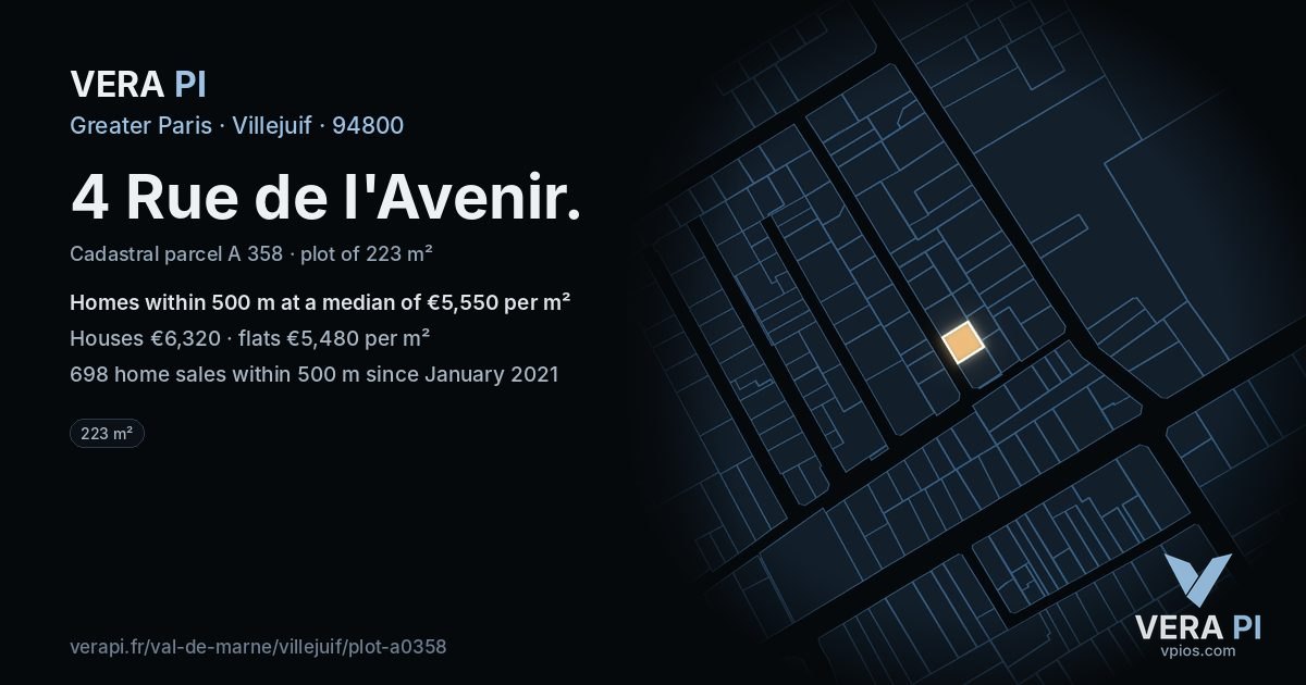 4 Rue de l'Avenir, Villejuif at night – the plot lit, the parcels around coloured by the prices near them