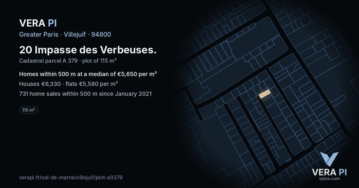 20 Impasse des Verbeuses, Villejuif at night – the plot lit, the parcels around coloured by the prices near them